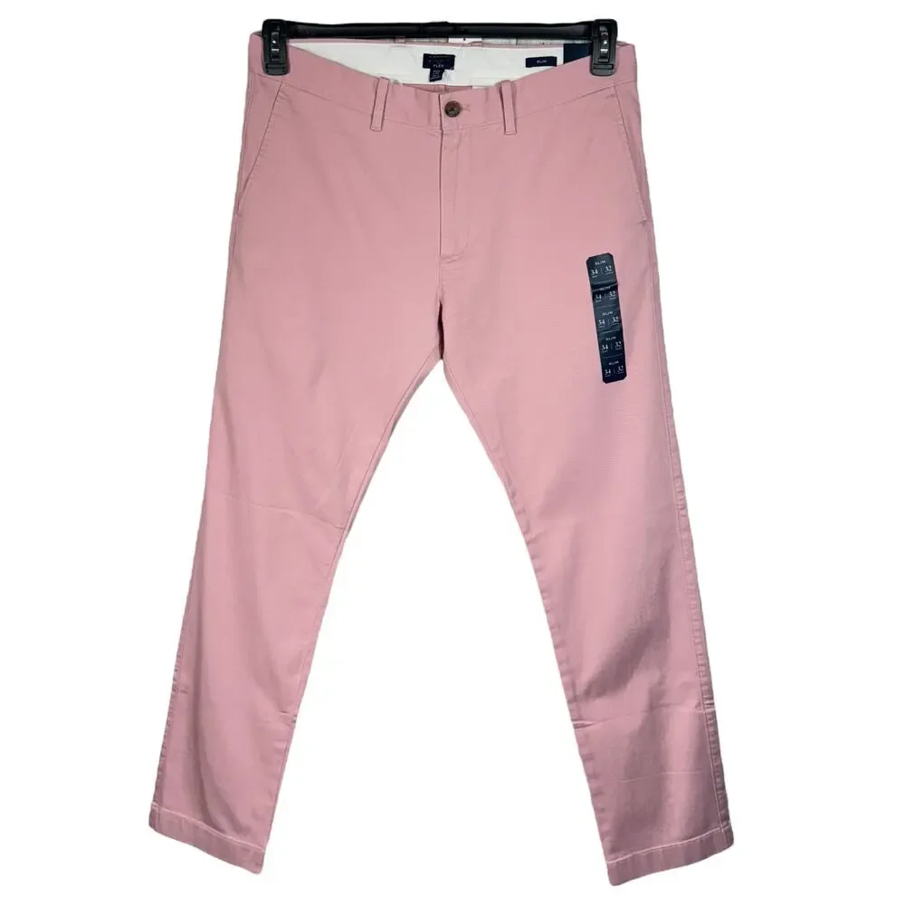 J. Crew Mens SZ 34x32 Flex Slim Pants Zip-Fly Slash Pockets Straight Leg Pink